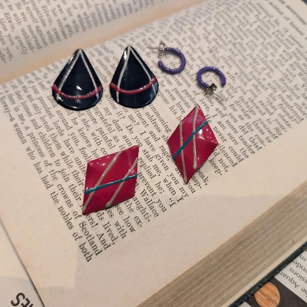 Vintage Geometric Earrings Set - Pink, Blue, Purple